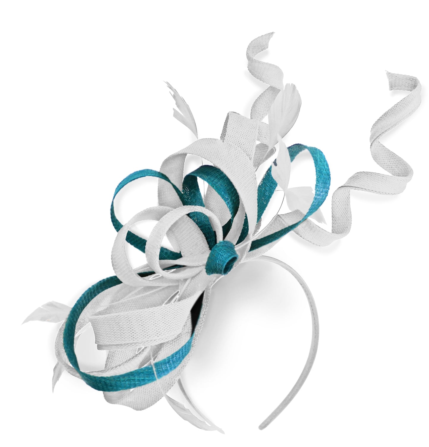 Caprilite White and Aqua Wedding Swirl Fascinator Headband Alice Band Ascot Races Loop Net