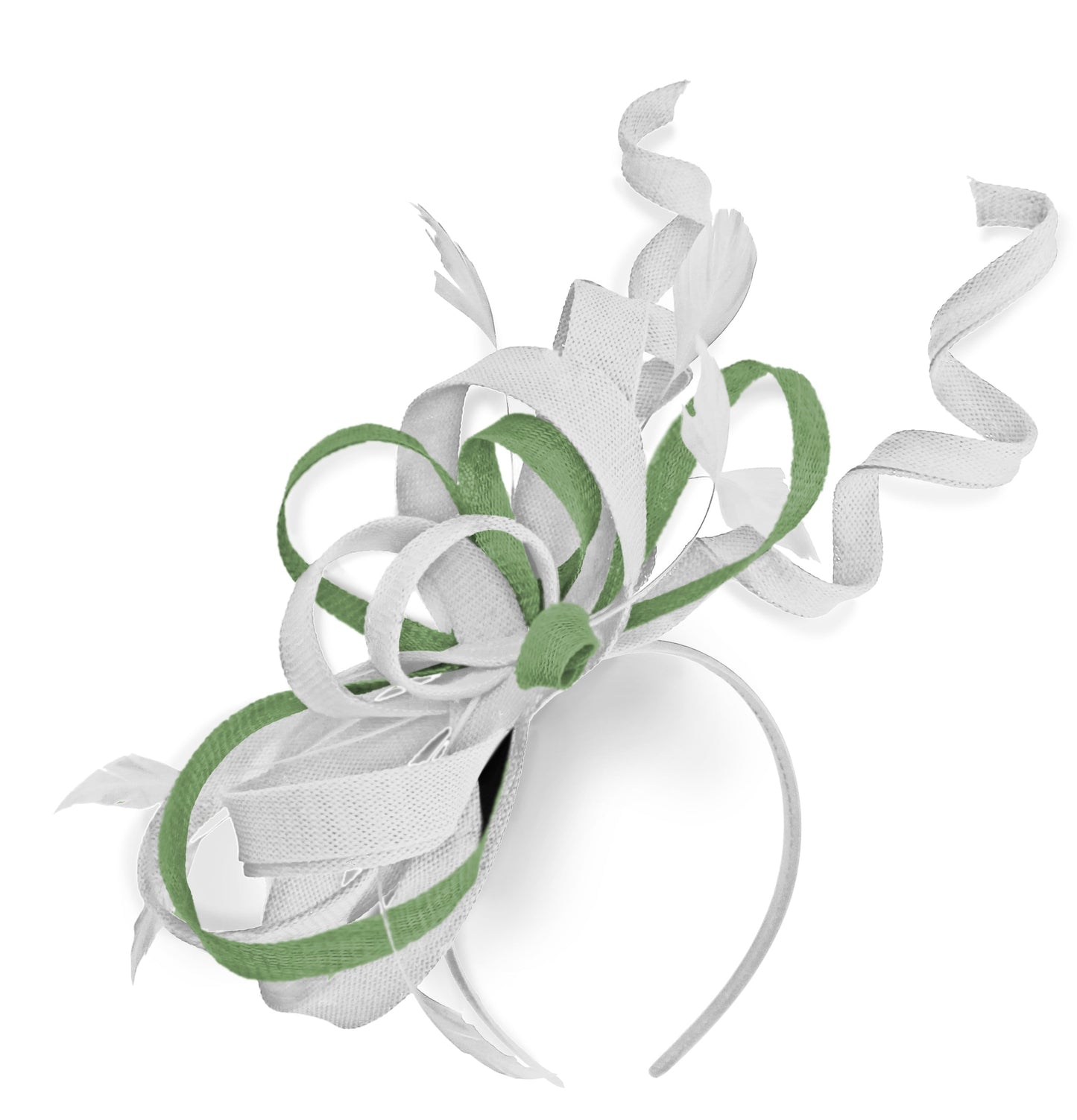 Caprilite White and Sage Wedding Swirl Fascinator Headband Alice Band Ascot Races Loop Net
