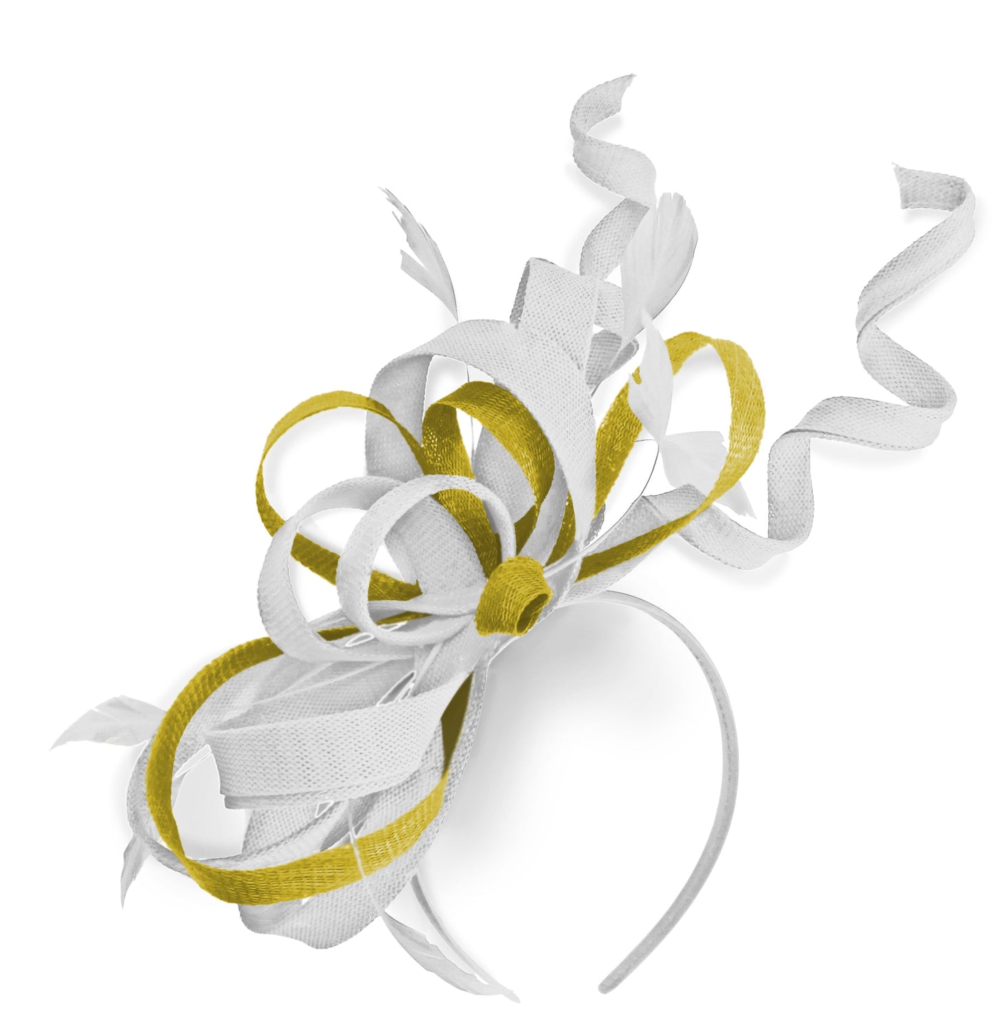 Caprilite White and Yellow Wedding Swirl Fascinator Headband Alice Band Ascot Races Loop Net