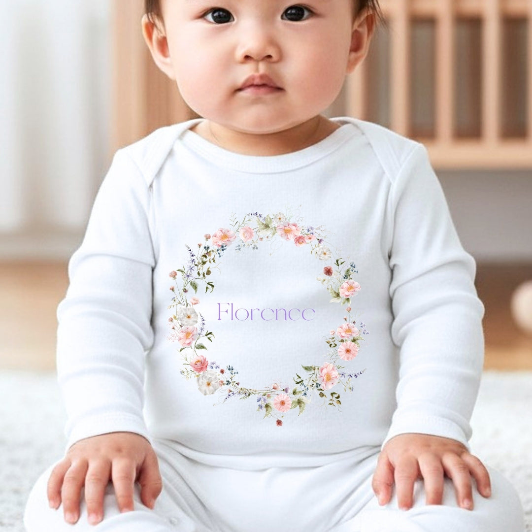 Personalised Wild Flower Baby Grow, Vest or Bib with Name