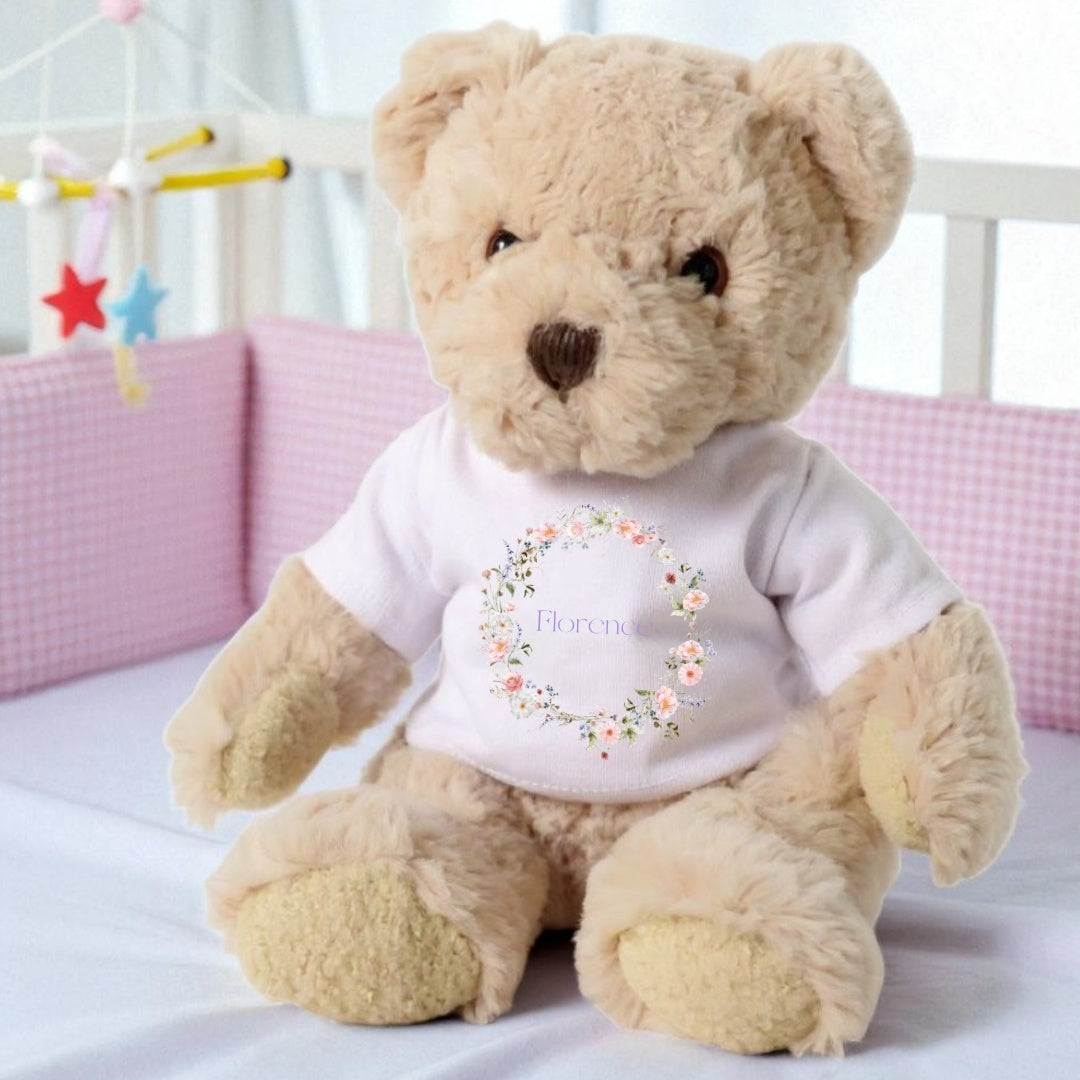 Personalised Luxury Teddy Bear with Wild Flower Name T-Shirt