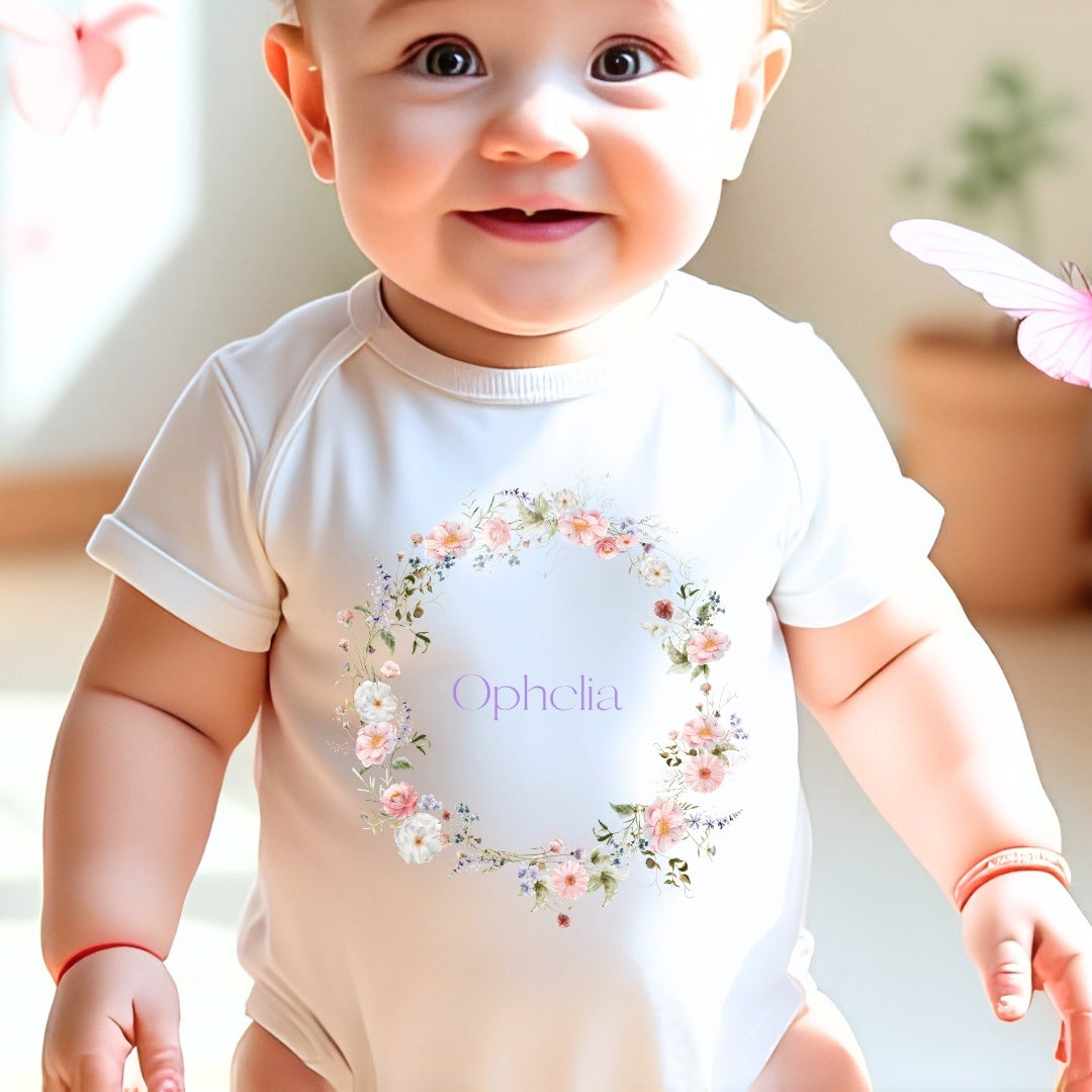 Personalised Wild Flower Baby Grow, Vest or Bib with Name