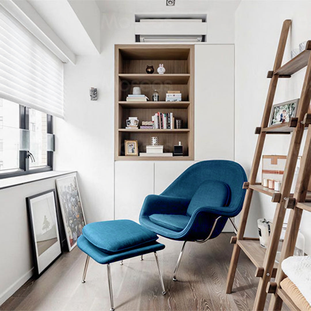 Classic Womb Chair & Ottoman, In Premium Velvet or Linen, Sky Blue