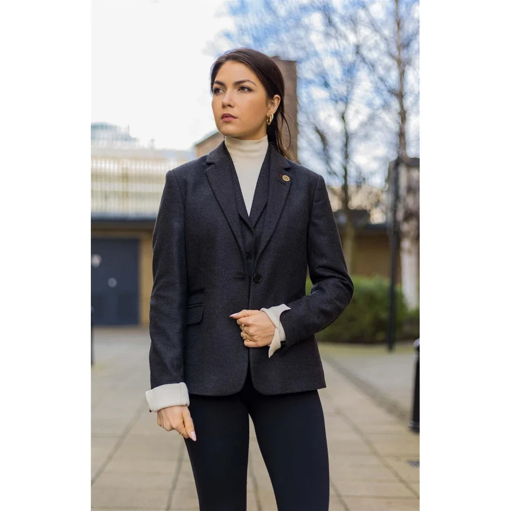 Women Black Blazer Waistcoat Tweed Herringbone Wool Classic 1920s