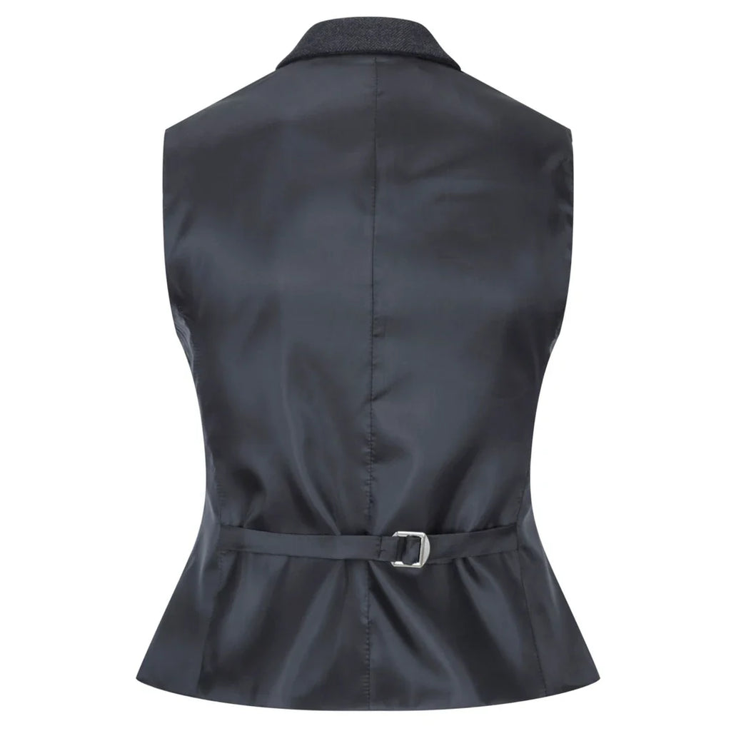 Women Black Blazer Waistcoat Tweed Herringbone Wool Classic 1920s