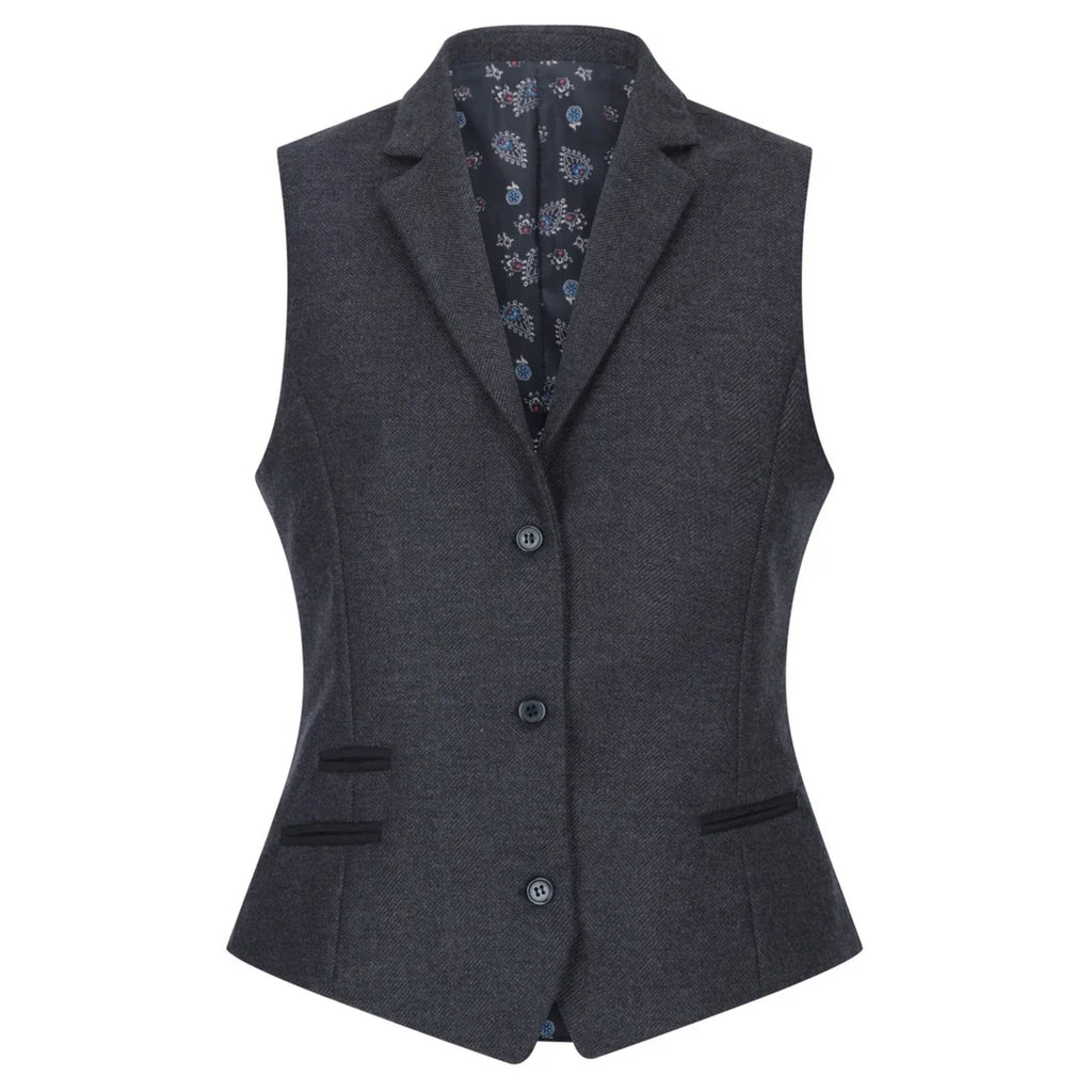 Women Black Blazer Waistcoat Tweed Herringbone Wool Classic 1920s