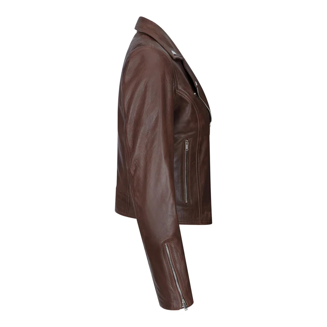 Women's Leather Biker Jacket Cross Zip Tan Brown Black Red Yellow