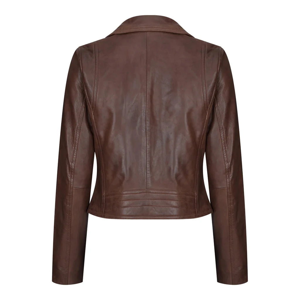 Women's Leather Biker Jacket Cross Zip Tan Brown Black Red Yellow