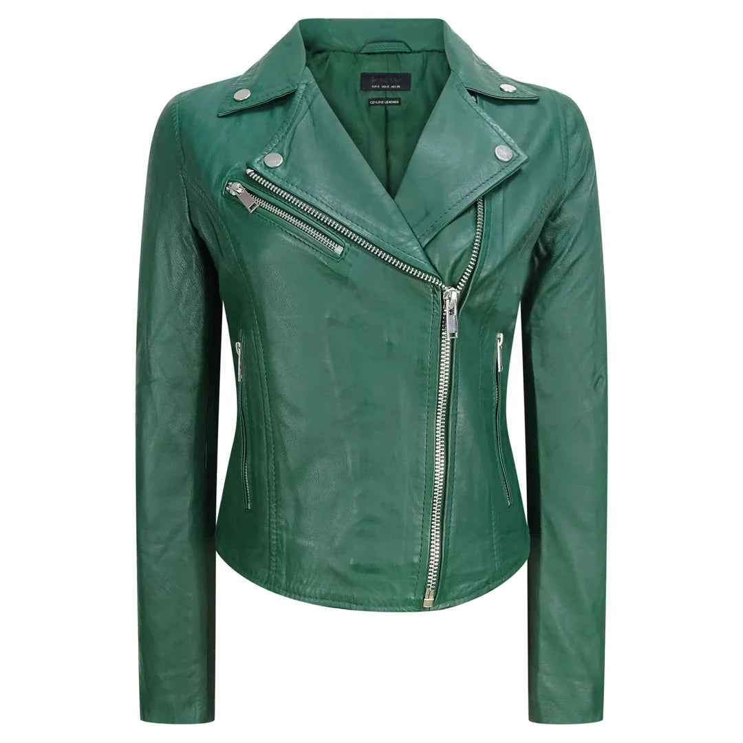 Women's Leather Biker Jacket Cross Zip Tan Brown Black Red Yellow
