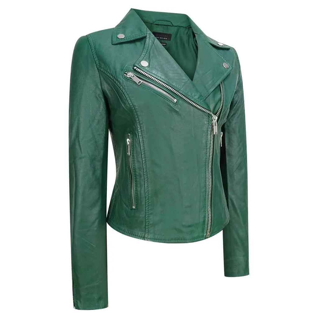 Women's Leather Biker Jacket Cross Zip Tan Brown Black Red Yellow
