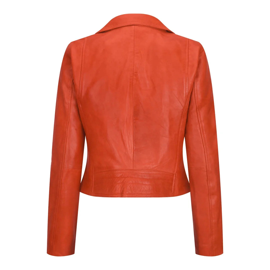 Women's Leather Biker Jacket Cross Zip Tan Brown Black Red Yellow