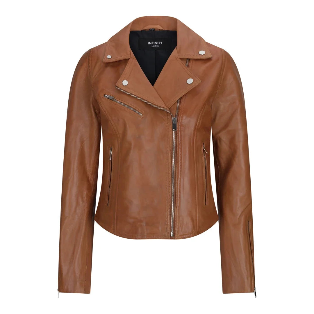 Women's Leather Biker Jacket Cross Zip Tan Brown Black Red Yellow