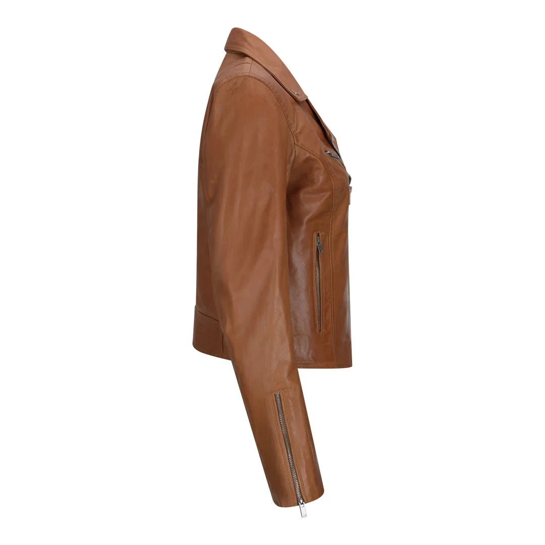 Women's Leather Biker Jacket Cross Zip Tan Brown Black Red Yellow