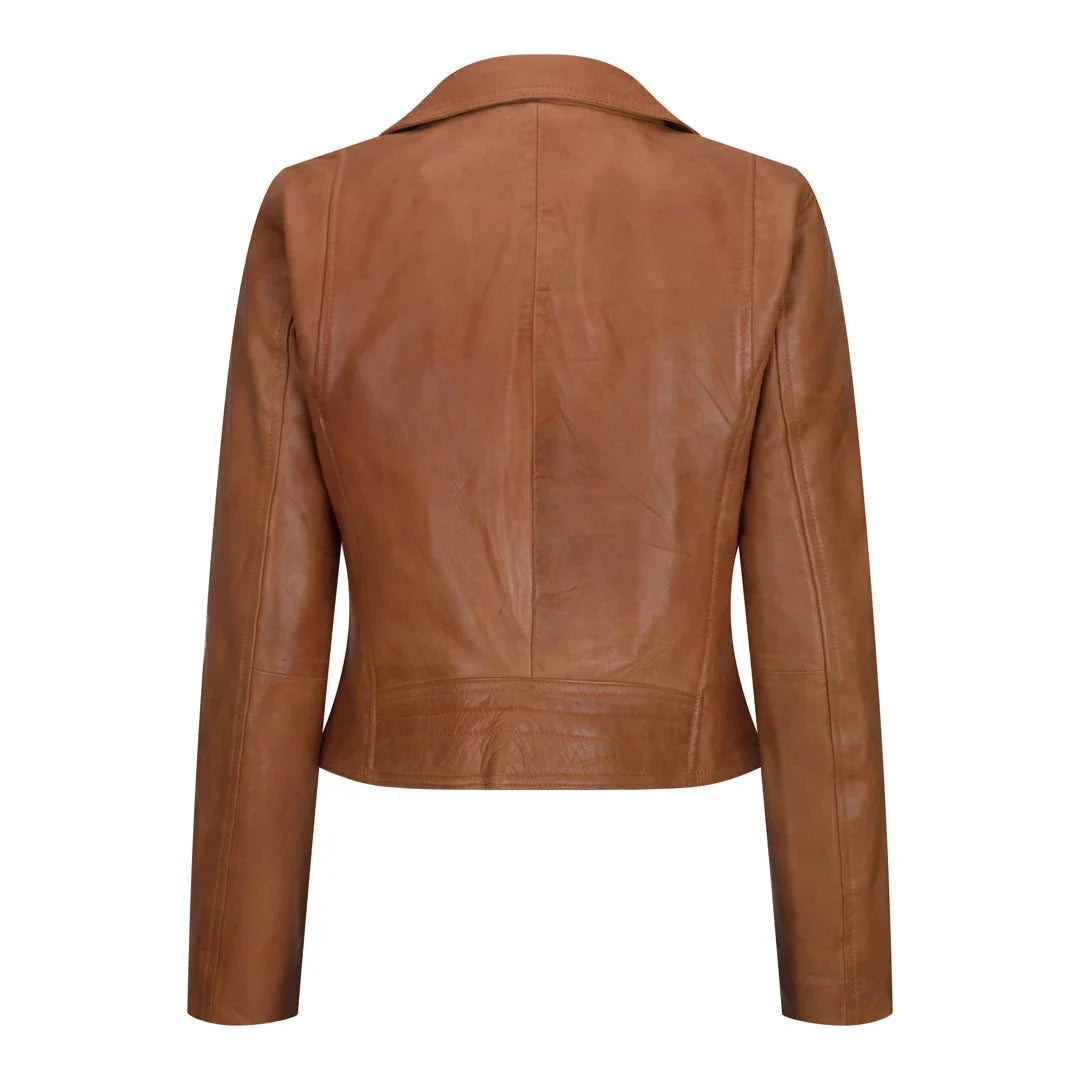 Women's Leather Biker Jacket Cross Zip Tan Brown Black Red Yellow