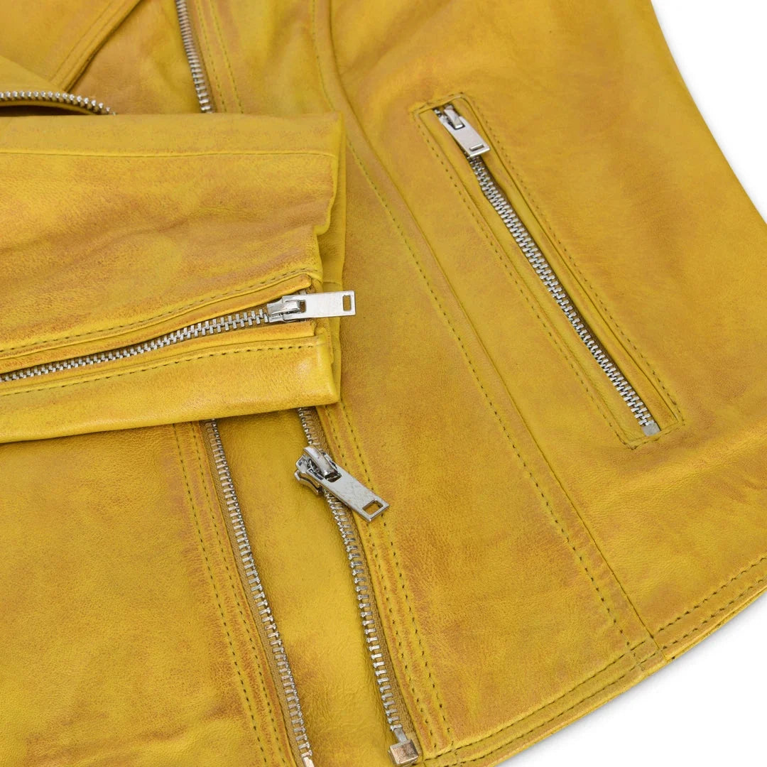 Women's Leather Biker Jacket Cross Zip Tan Brown Black Red Yellow