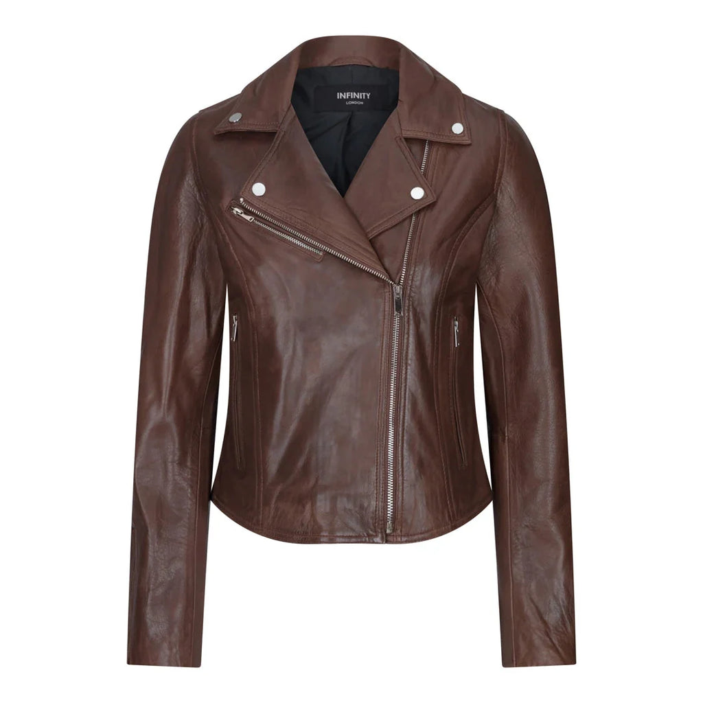 Women's Leather Biker Jacket Cross Zip Tan Brown Black Red Yellow