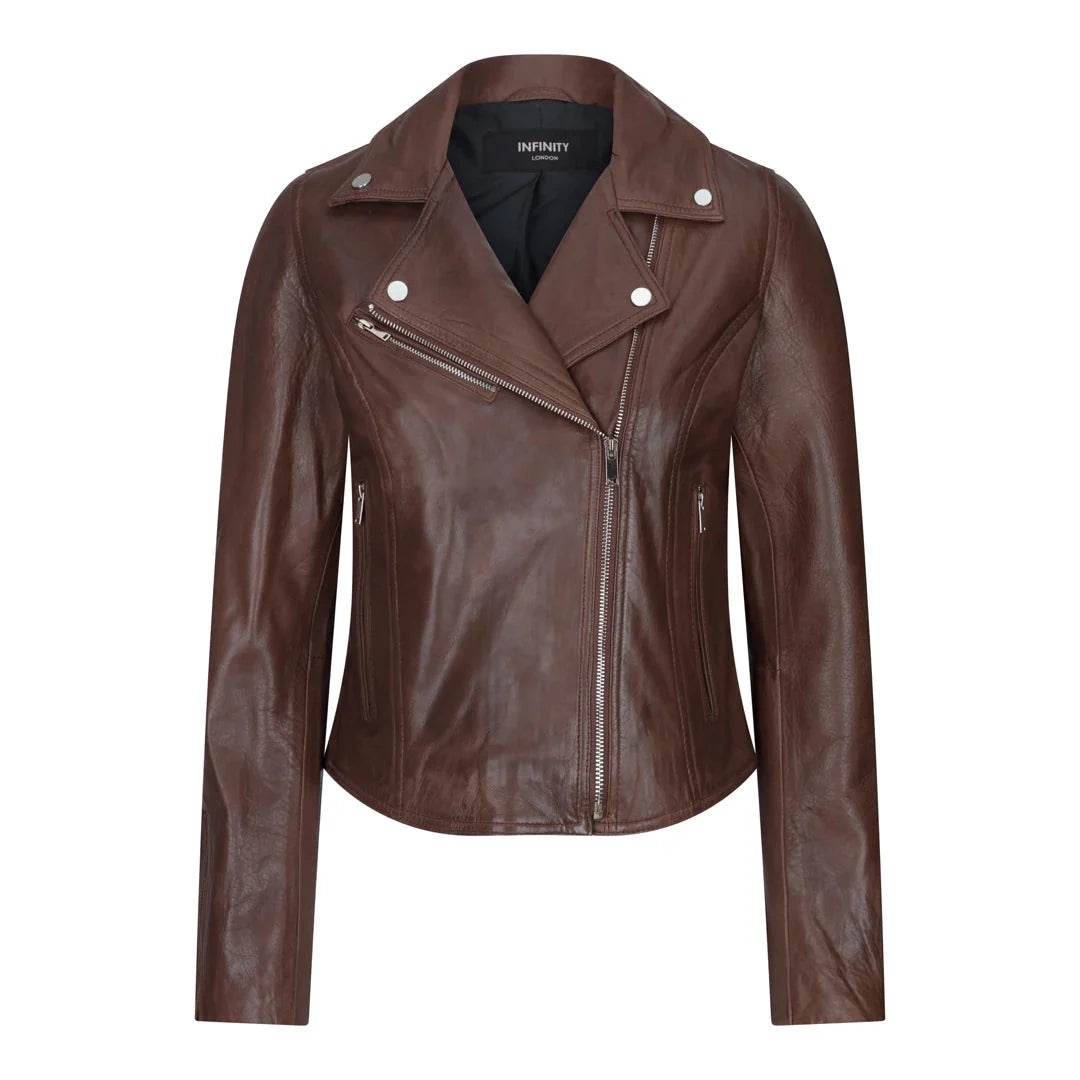 Women's Leather Biker Jacket Cross Zip Tan Brown Black Red Yellow