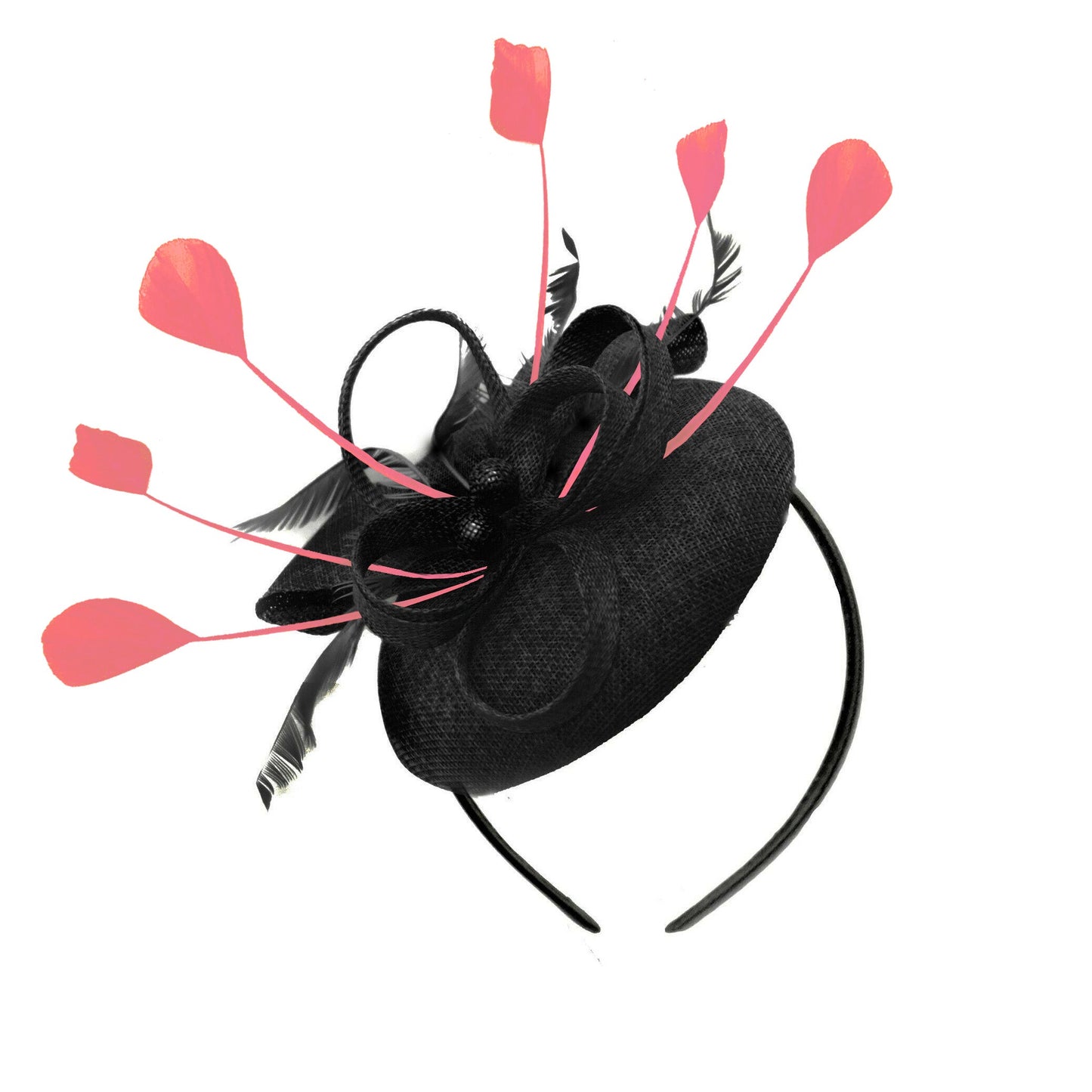 Round Black and Coral Pillbox Bow Sinamay Headband Fascinator Weddings Ascot Hatinator Races