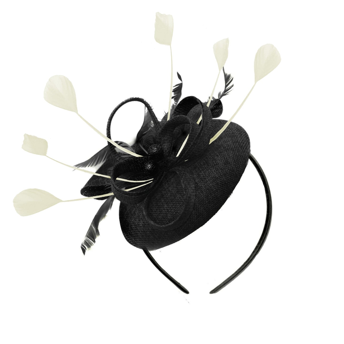 Round Black and Ivory Cream Pillbox Bow Sinamay Headband Fascinator Weddings Ascot Hatinator Races