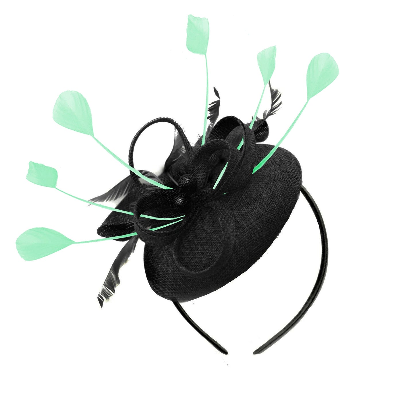 Round Black and Light Mint Pillbox Bow Sinamay Headband Fascinator Weddings Ascot Hatinator Races