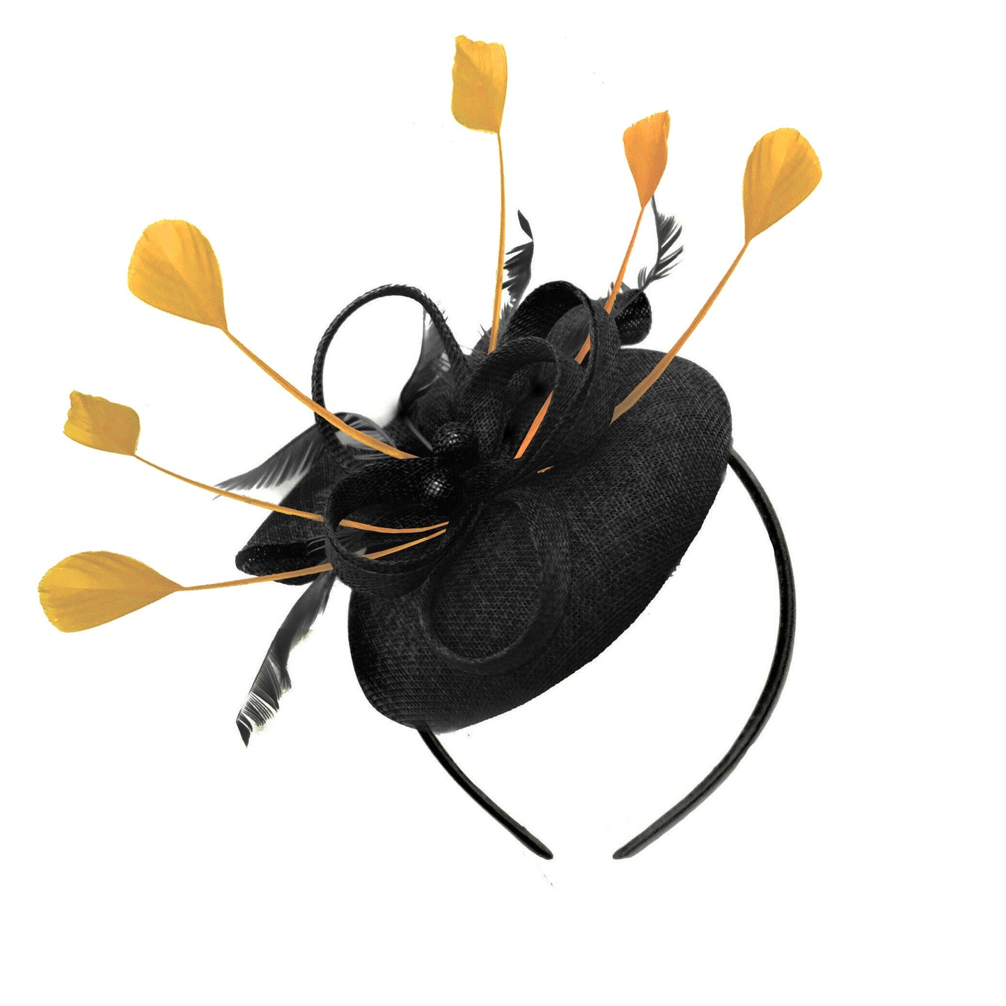 Round Black and Mustard Pillbox Bow Sinamay Headband Fascinator Weddings Ascot Hatinator Races