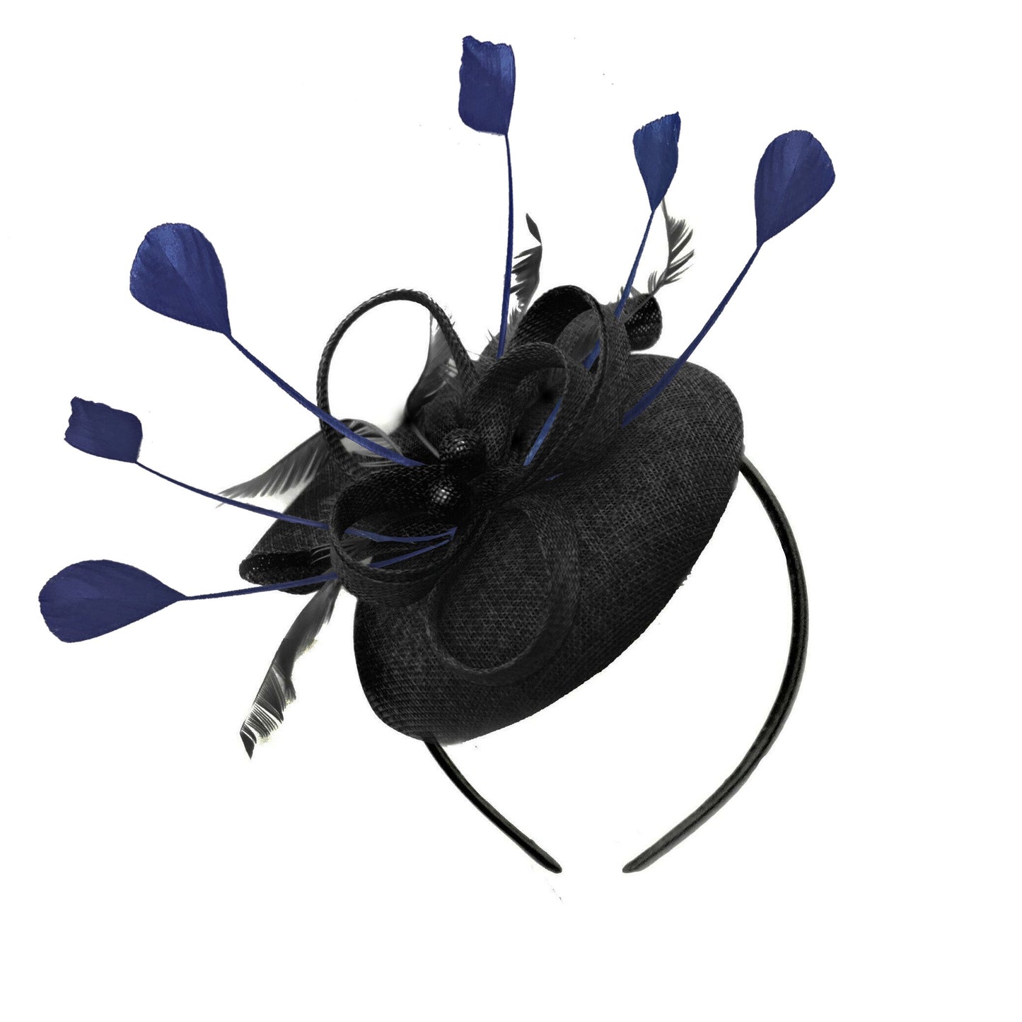 Round Black and Navy Pillbox Bow Sinamay Headband Fascinator Weddings Ascot Hatinator Races