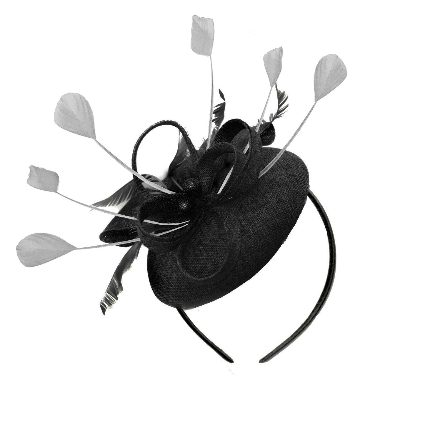 Round Black and Silver Pillbox Bow Sinamay Headband Fascinator Weddings Ascot Hatinator Races