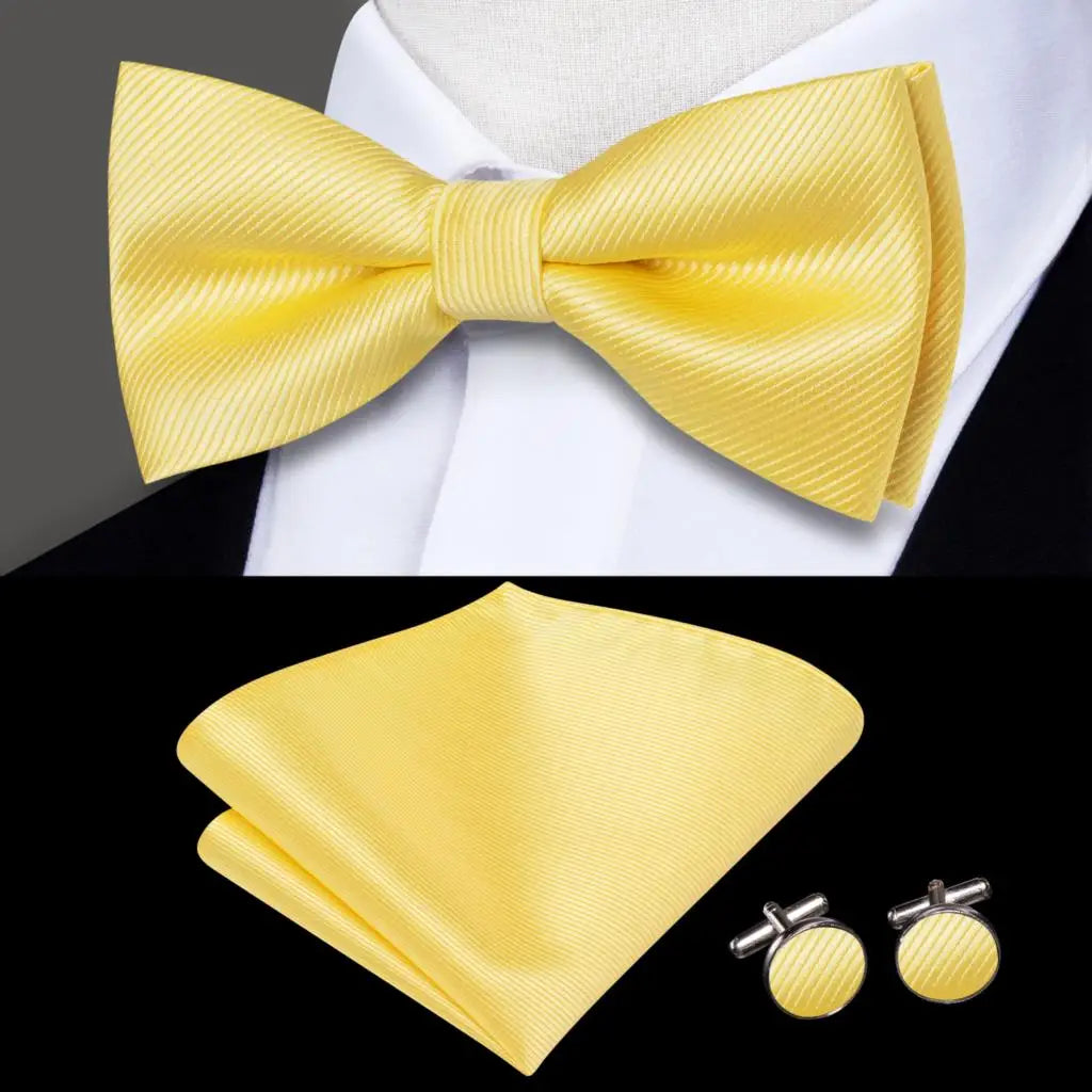 Yellow Textured Silk Bow Tie - With Matching Cufflinks & Pocket Square