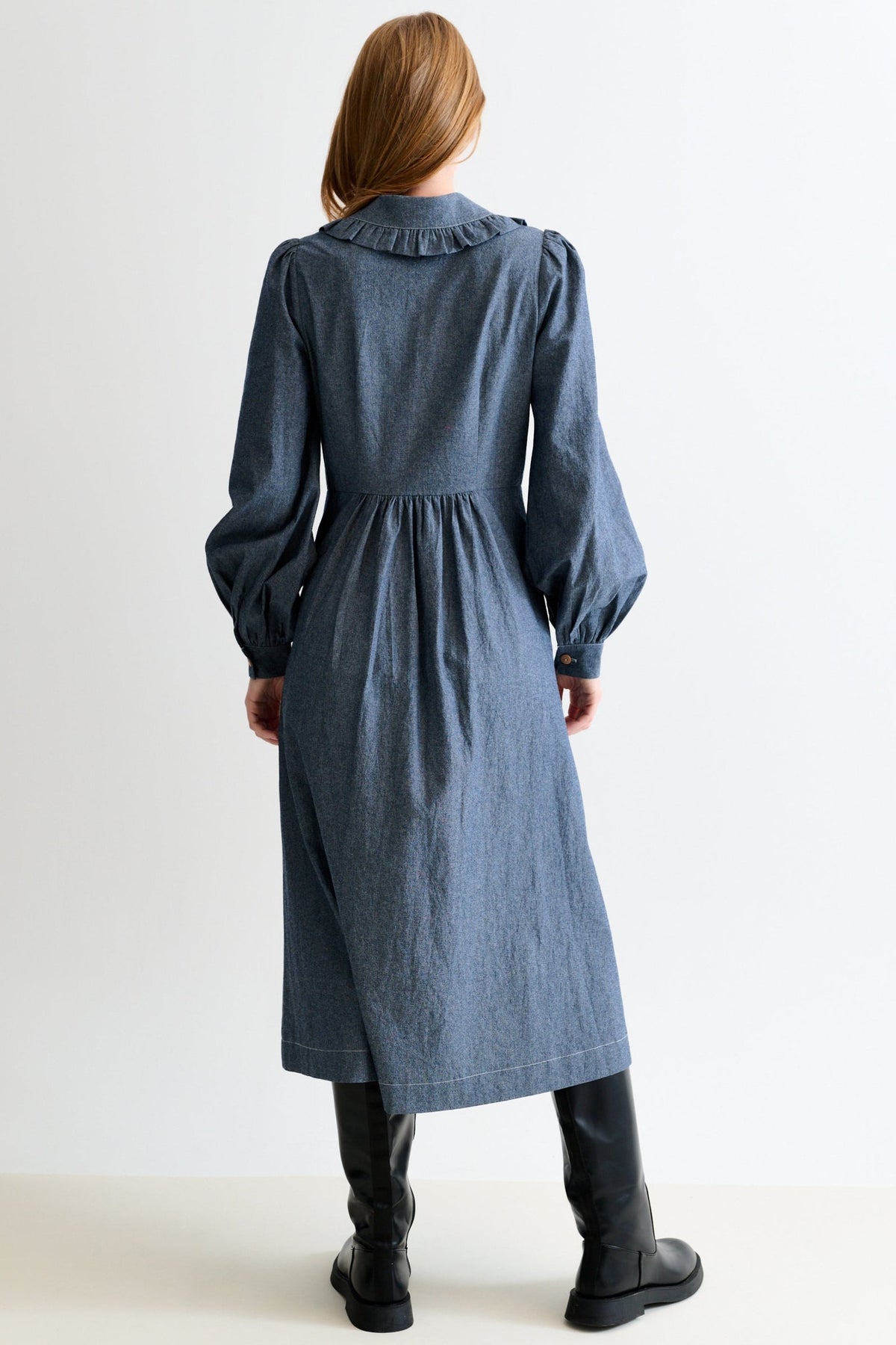 Zoya Chambray Zip Front, Frill Collar Midi Dress - Dark Grey
