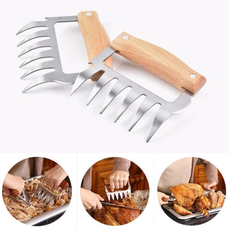 2 PCS Bear Claw Shaped stainless steel Barbecue Fork Chicken Shredded Wooden Handle  Anti-skid Creative Kitchen Fork Claw Meat Claw Splitter with (Wood color)