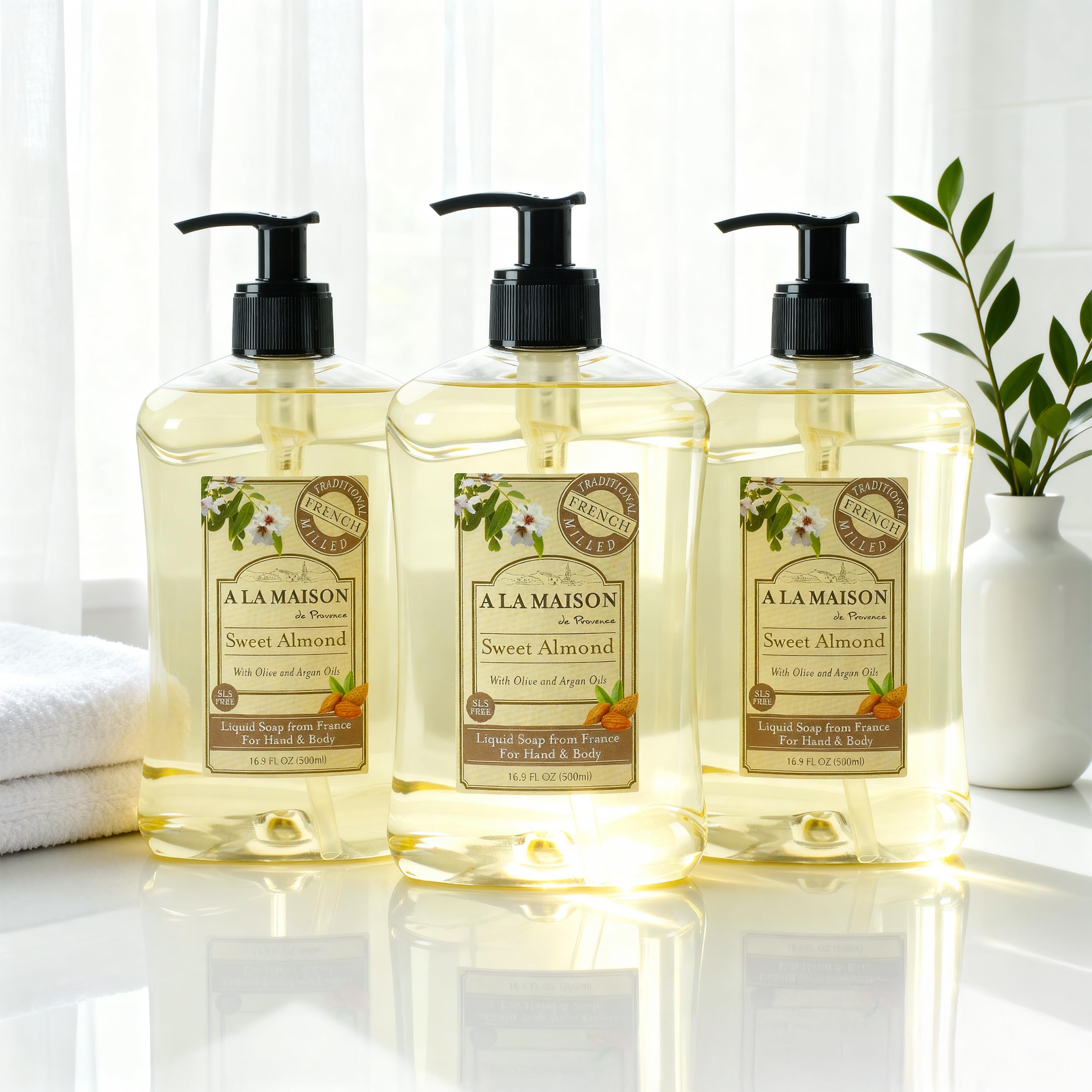 A LA MAISON Almond Hand Soap – French Craft, Plant-Based, 3-Pack (16.9 oz)