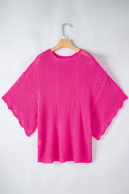 Pink Pointelle Knit Top Women UK | Scalloped Short Sleeve