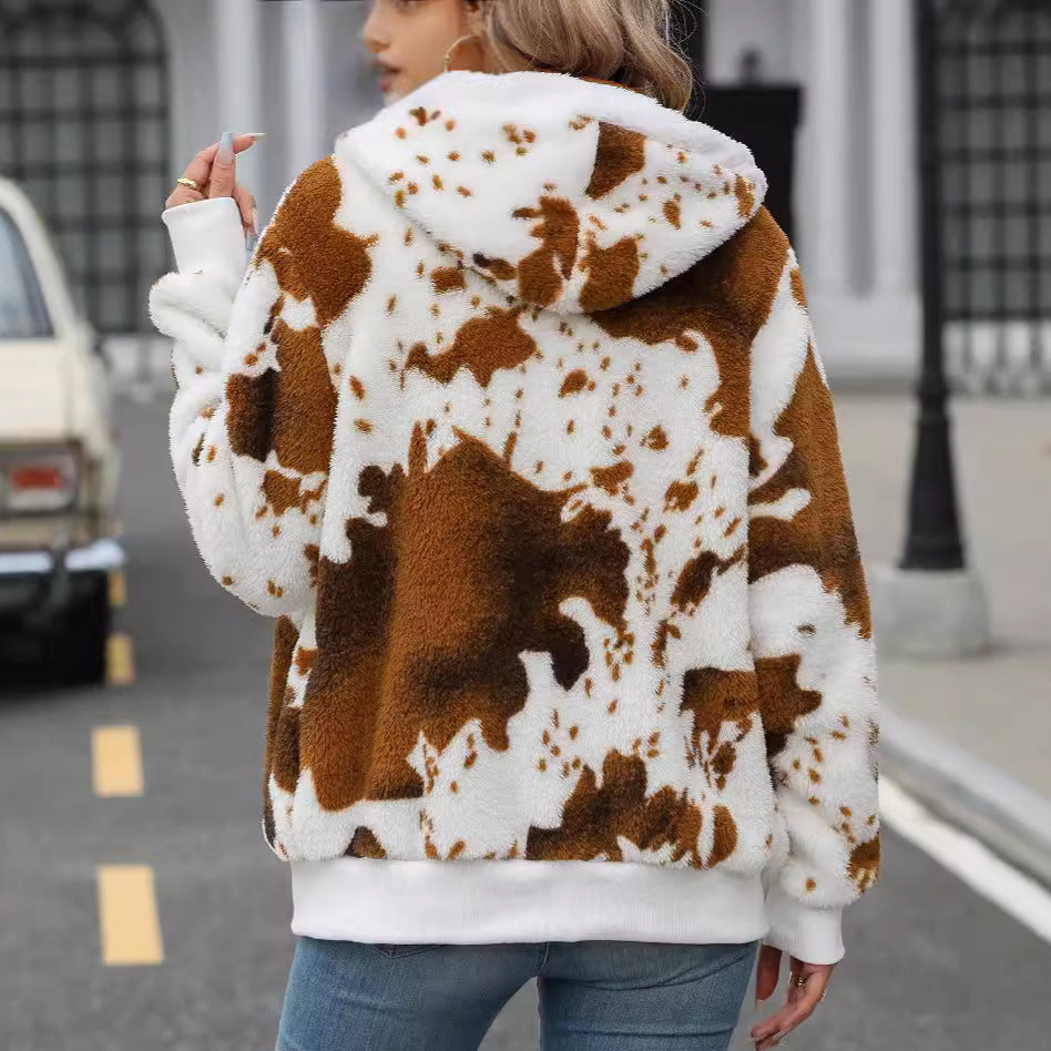Hooded Zipper Plush Printed Cardigan Jacket