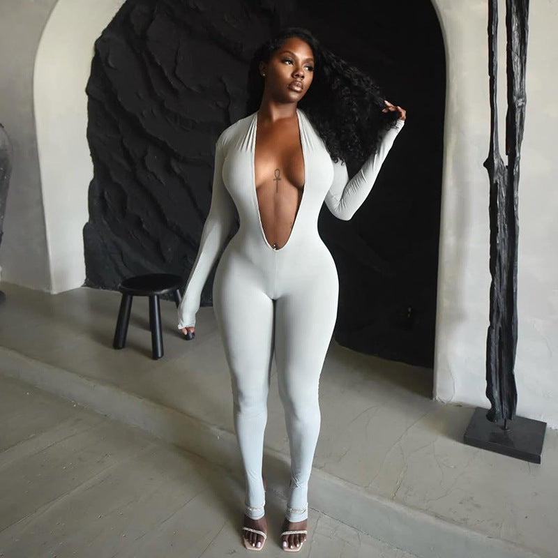 New Women's Fashion Sexy Backless Deep V Long Sleeve Solid Color Tight Jumpsuit