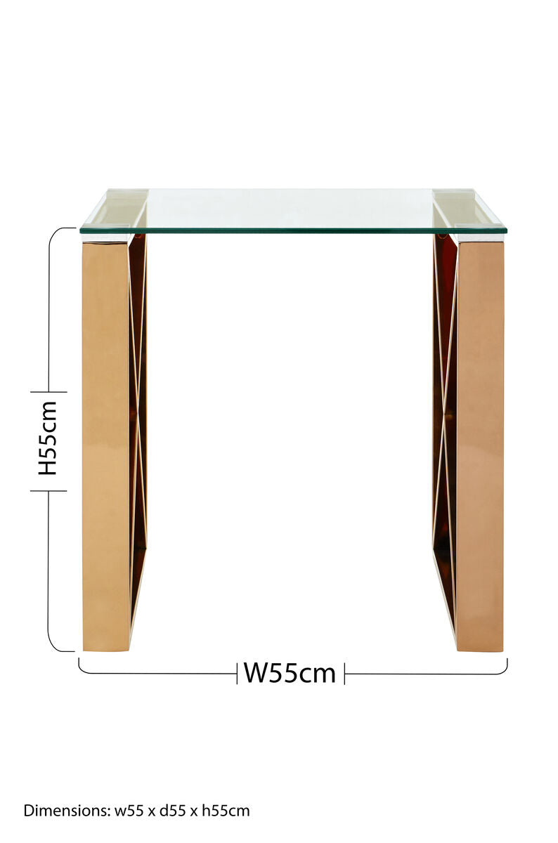 Rose Gold Stainless Steel Cross Legs End Table with Tempered Glass Top, Allure