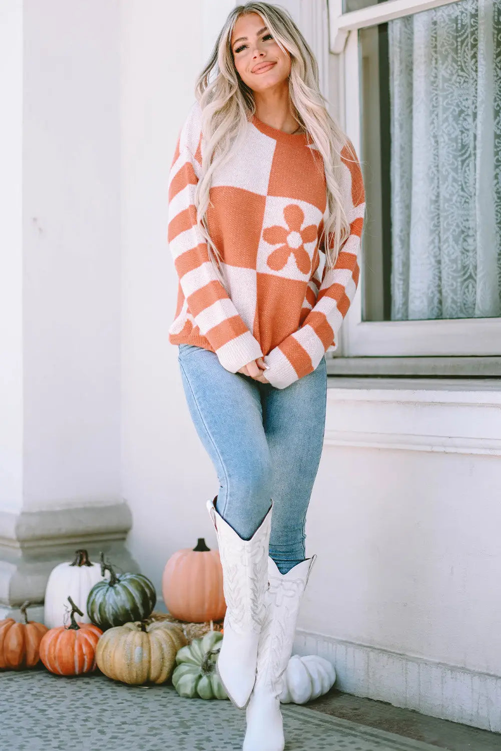 Checkered Floral Print Striped Sleeve Sweater Women UK