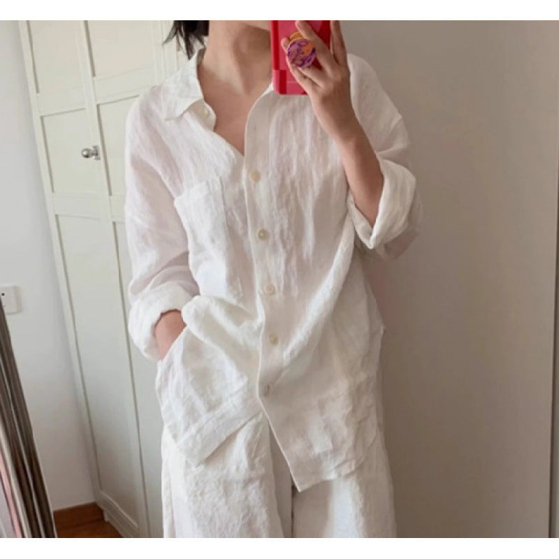 Linen-cotton White Shirt And Pants Set For Women