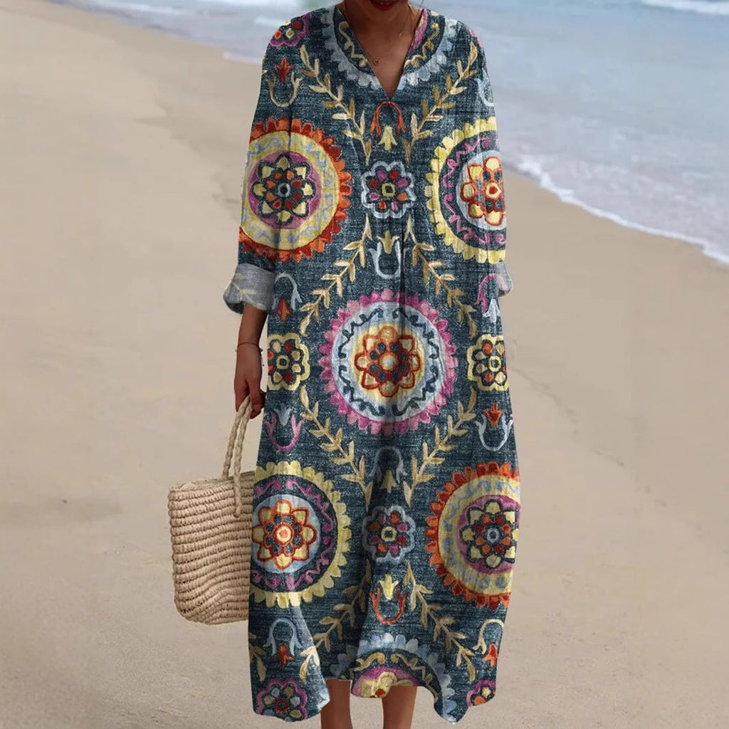 Women's Casual Floral Print Long-Sleeve Shirt Dress