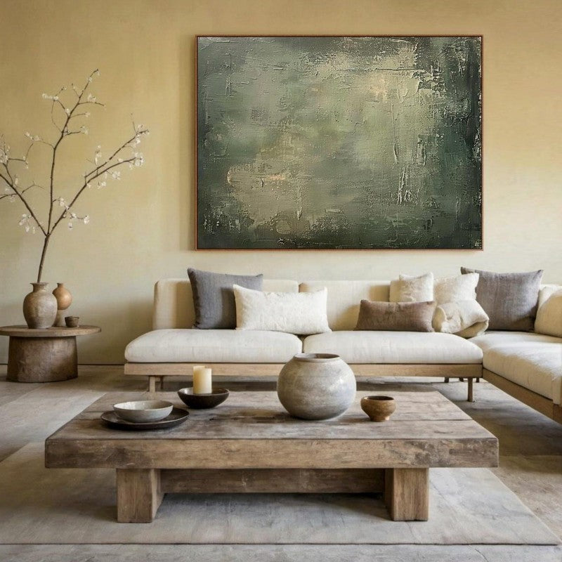 Large Geometric Abstract Painting Green Beige  Minimalist Wabi-Sabi Wall Art Green Canvas Wall Art Modern Green Wall Decor