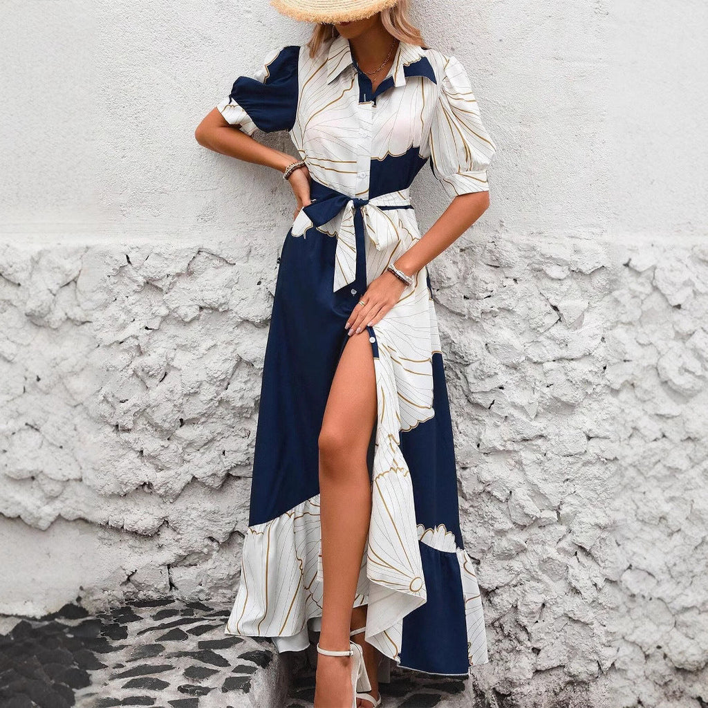 Women's Casual Printed Dress With A Turn-down Collar And Cinched Waist