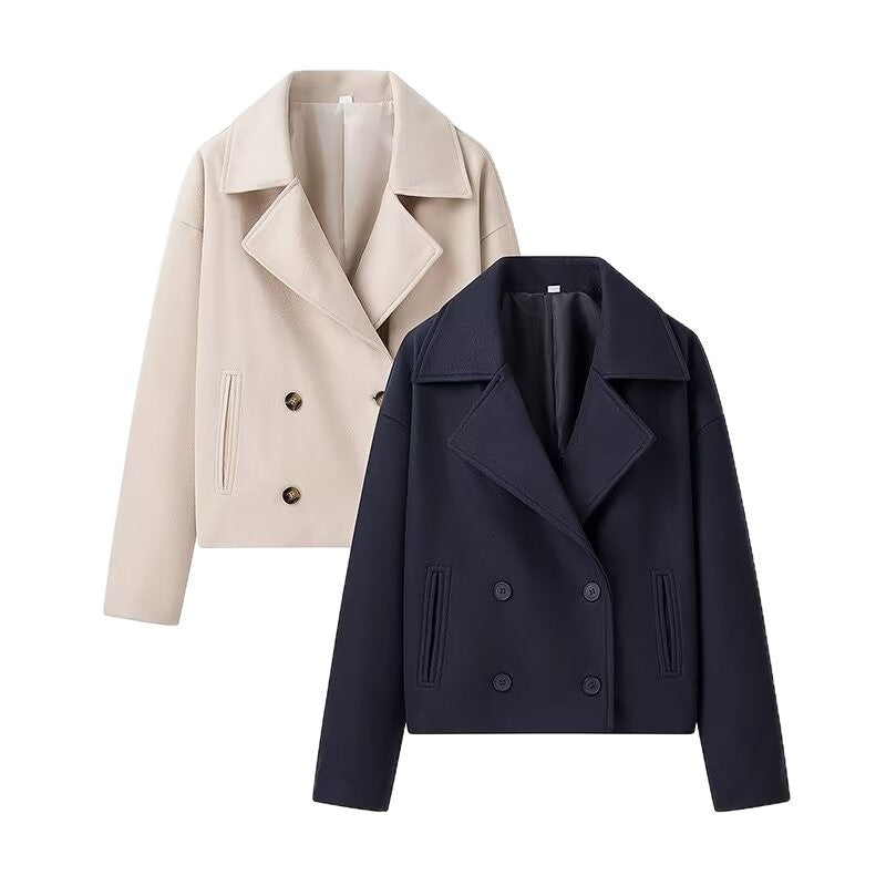 French Style Lapel Double Breasted Short Woolen Casual Loose Jacket Coat