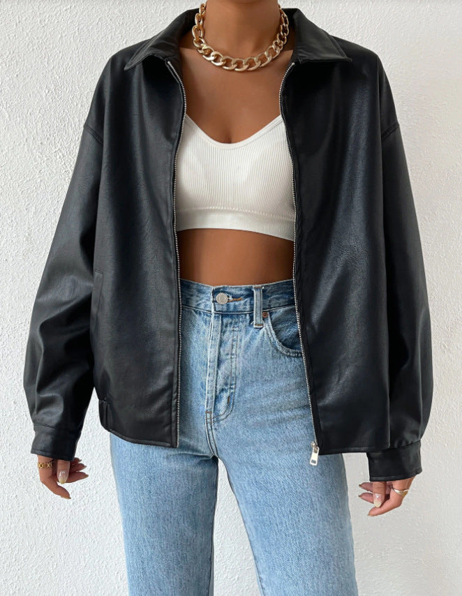 PU Leather Coat Retro Biker's Long Sleeve Zipper Lapel Jacket