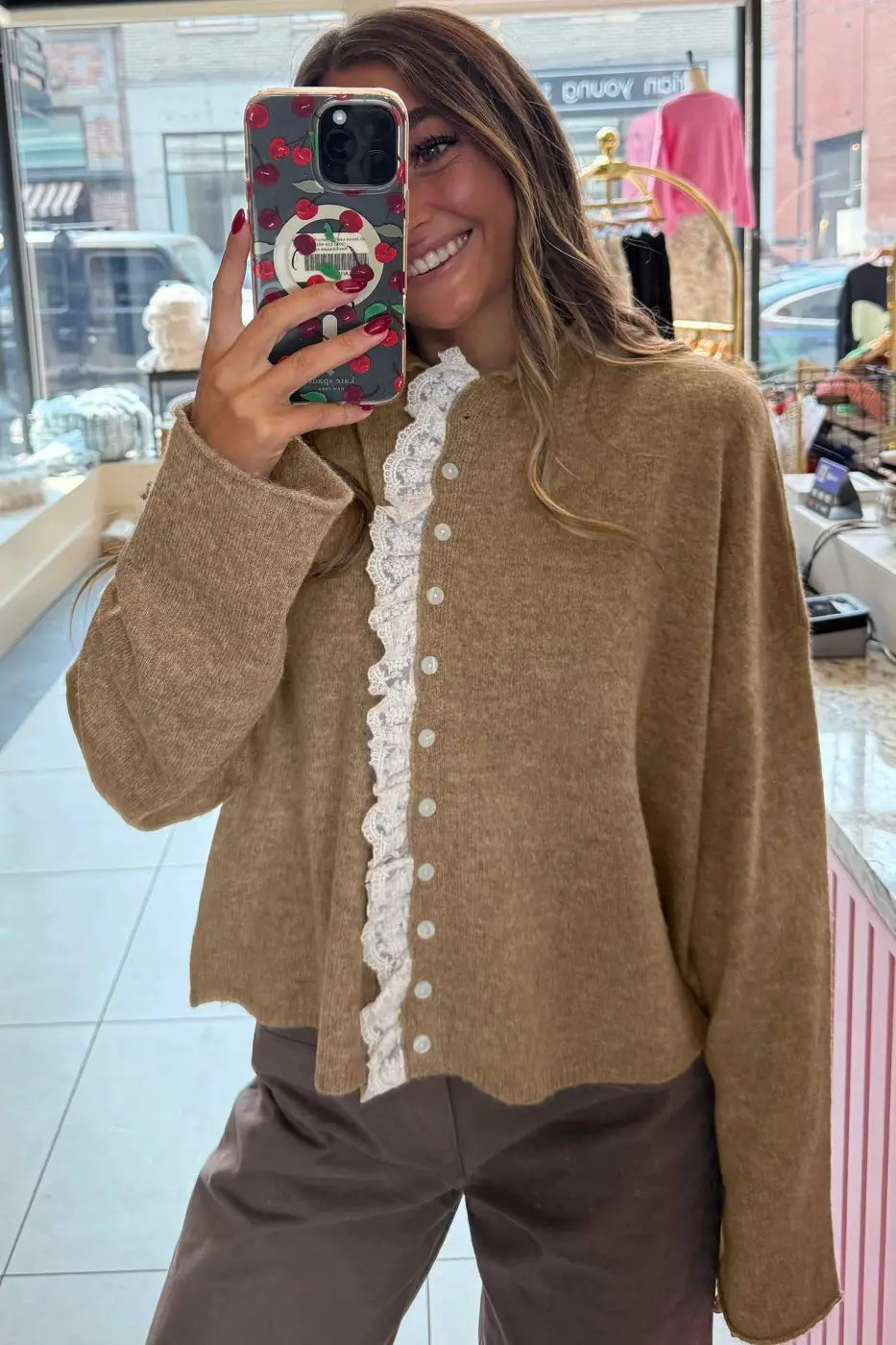 Taupe Lace Trim Loose Cardigan Women UK