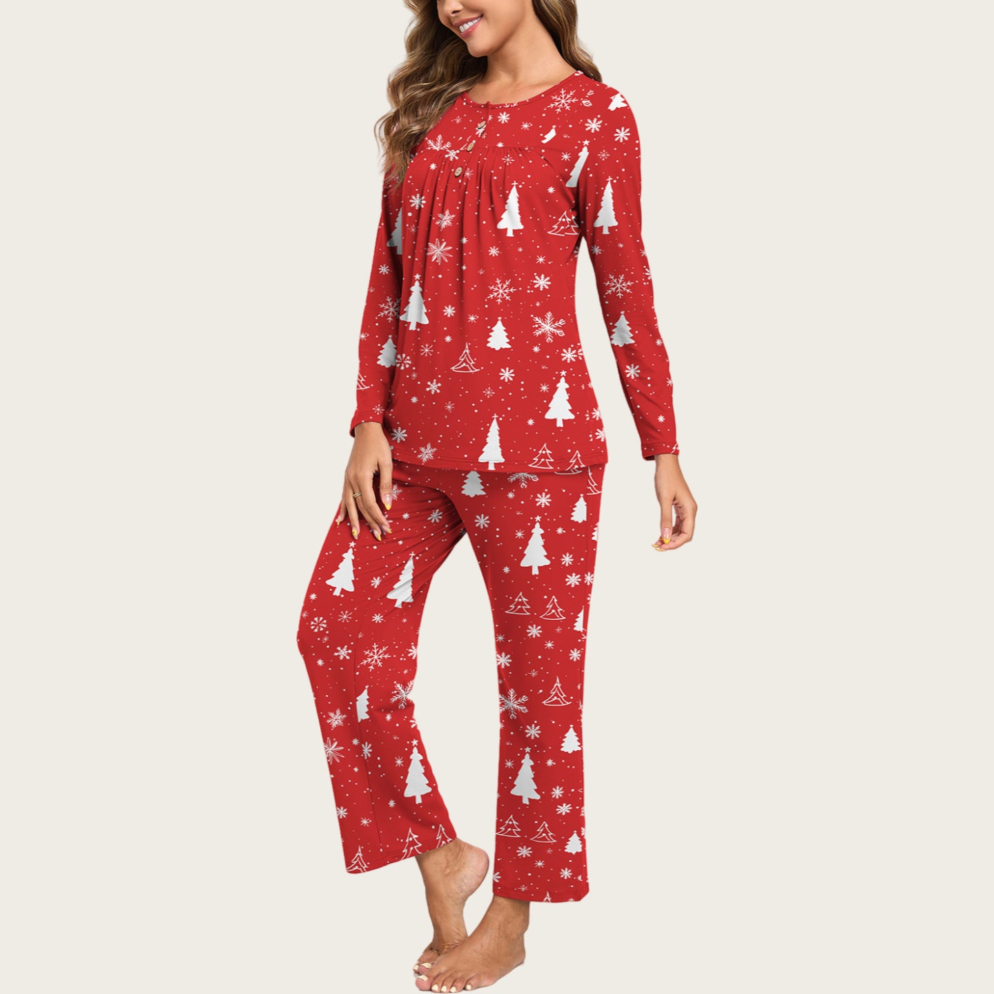 2-Piece Casual Christmas Pajama Set With Pockets