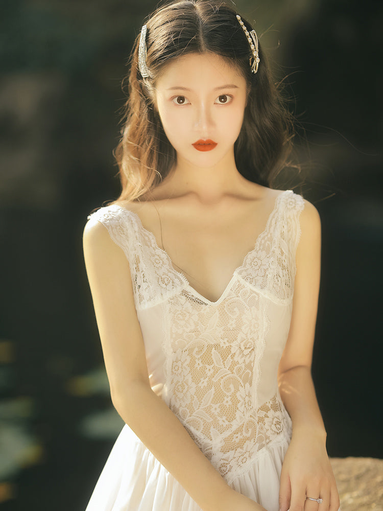 Women's  Backless White Chiffon Lace Dress