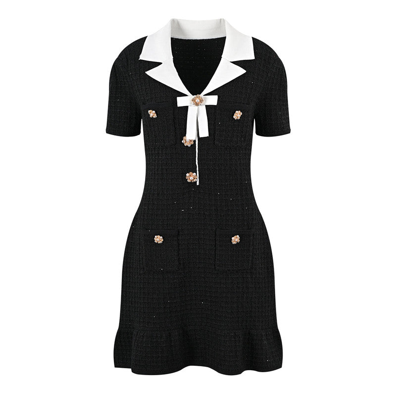 Black And White V-neck Patchwork Diamond Decorations Button Bow Knitted Sheath Dress