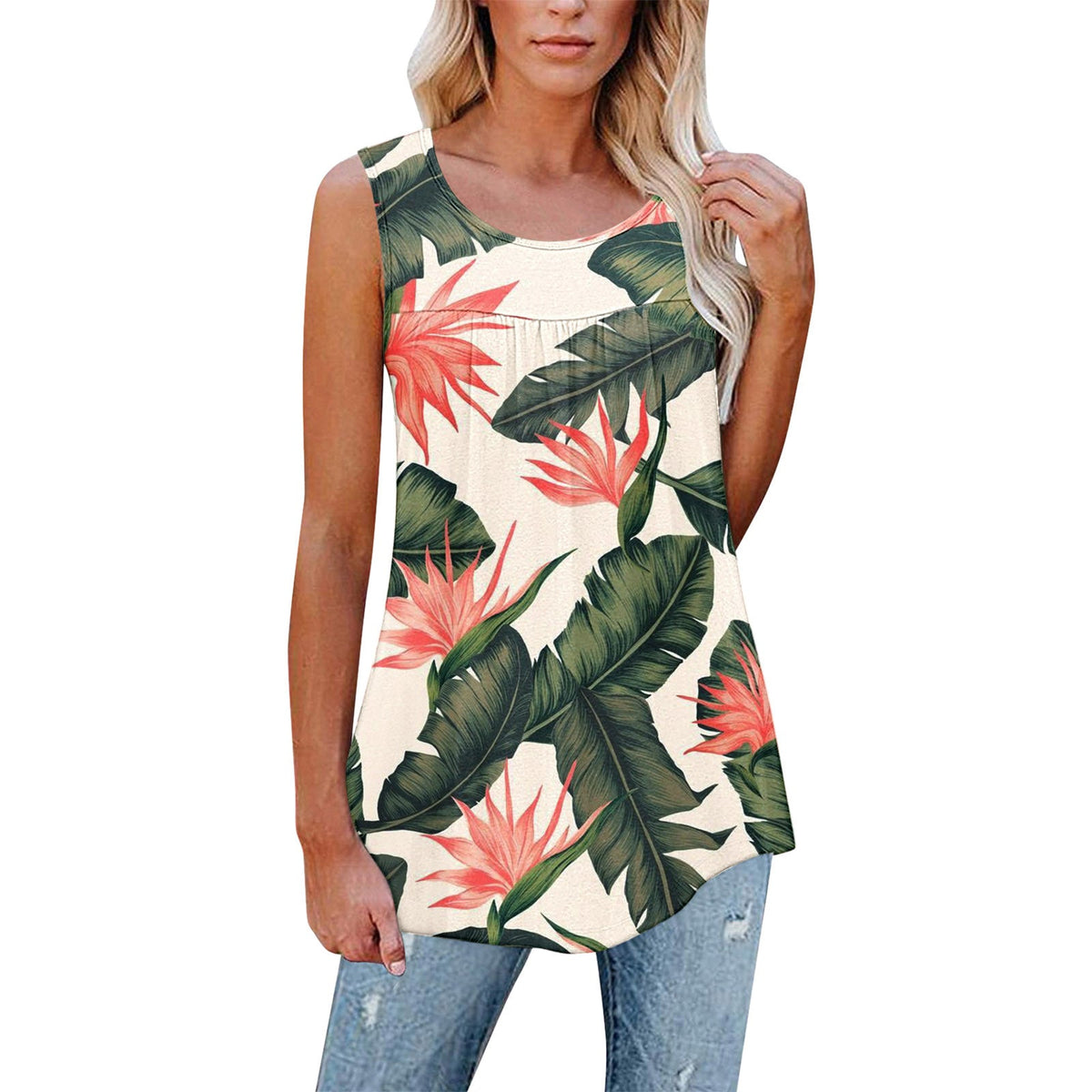 Flower Print Sleeveless Pleated Casual Loose Vest T-shirt Women's Clothing