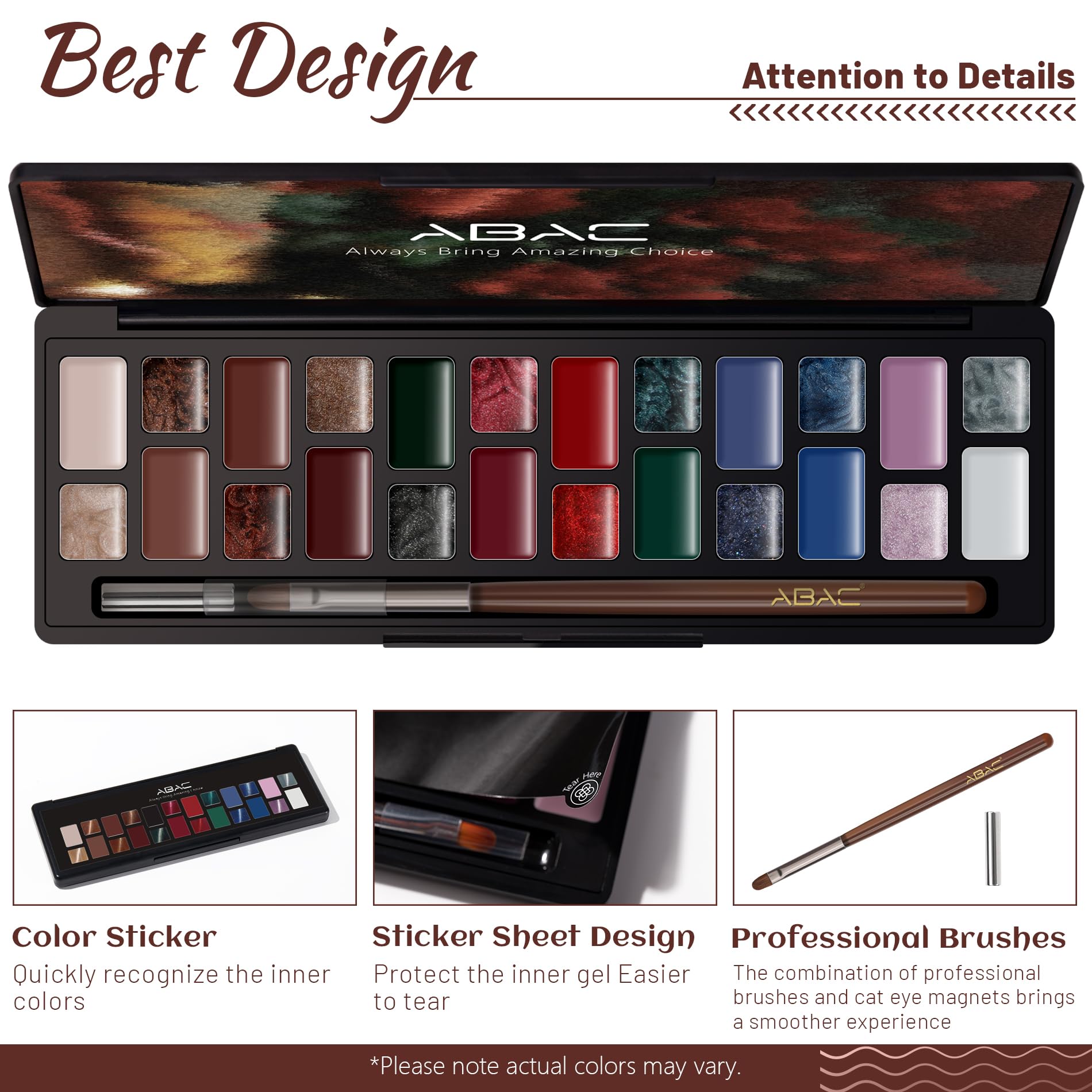 ABAC Solid Cat Eye Gel Polish Palette – HEMA-Free, 24 Colors, Pro Magnet & Brush, LED/UV Ready