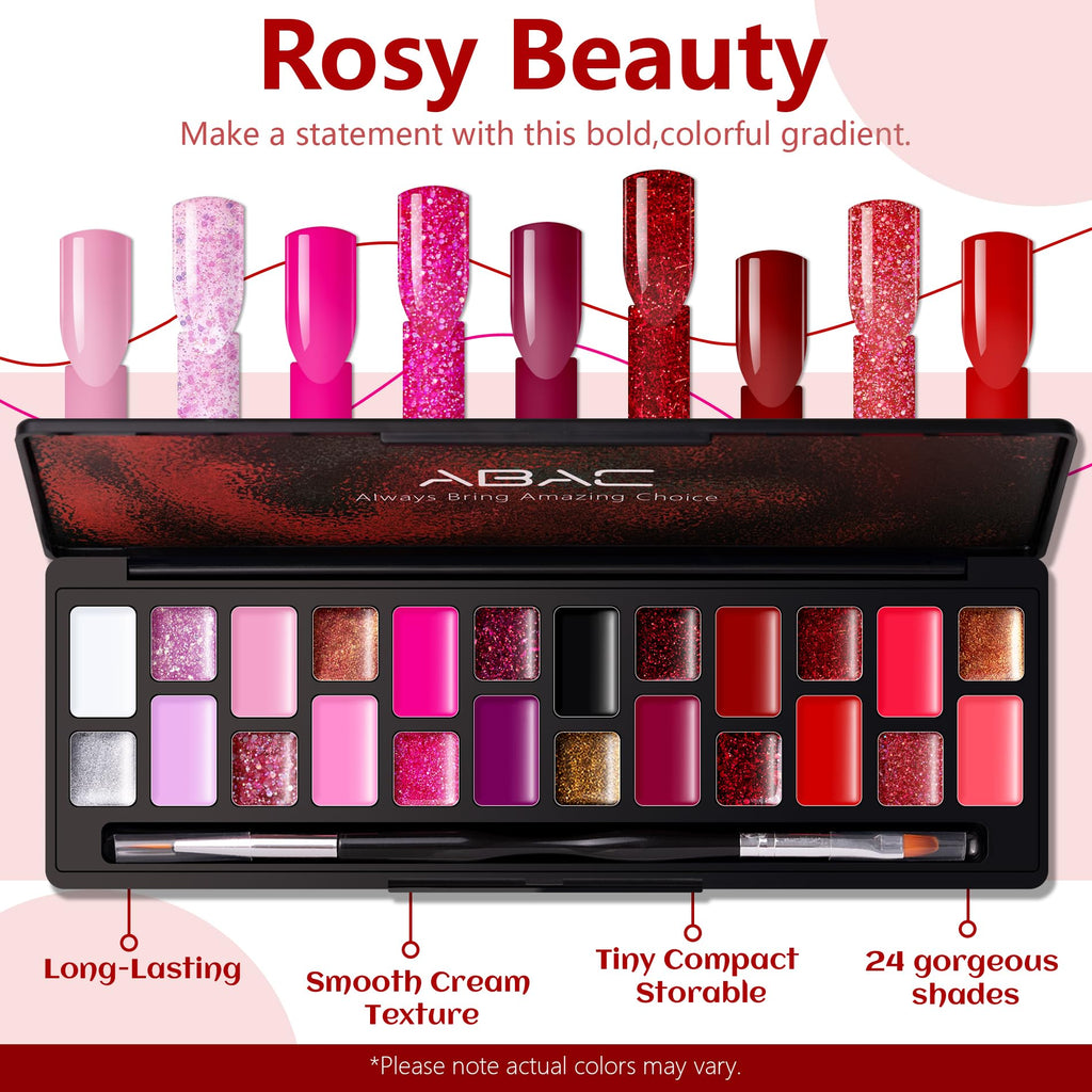 ABAC 24-Color Solid Gel Nail Polish Kit – Rose Gold Glitter & Wine Red | Pro Brush, No-Spill, HEMA-Free
