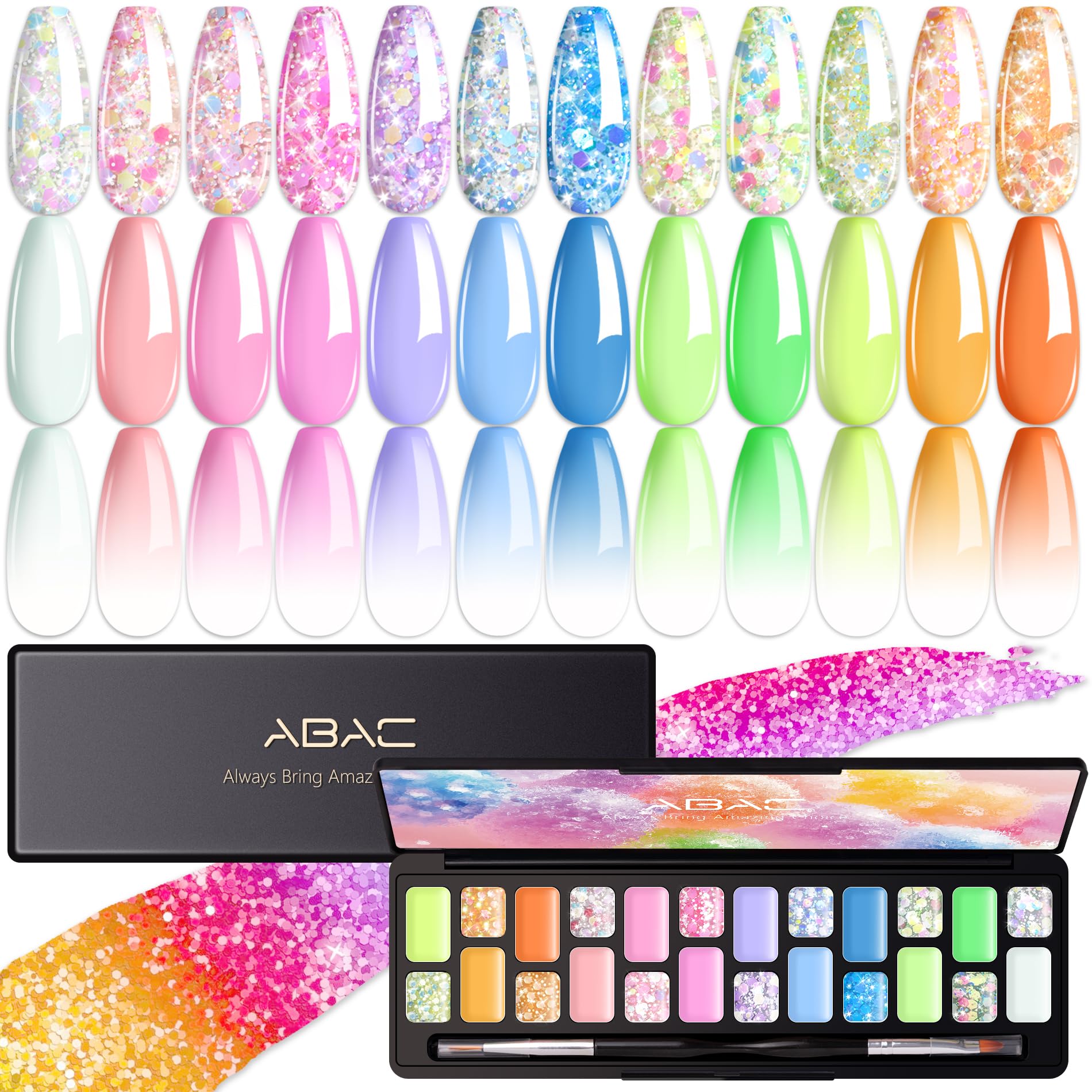 ABAC Solid Gel Polish Kit - 24 Colors, Ombre & Pat Paint, Dual-Ended Brush